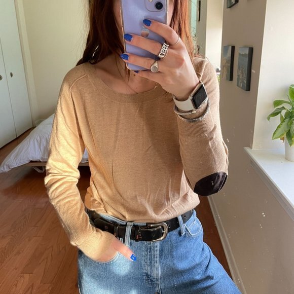 Joie Elbow Patch Scoop Neck Lightweight Sweater Brown XS - Picture 3 of 8